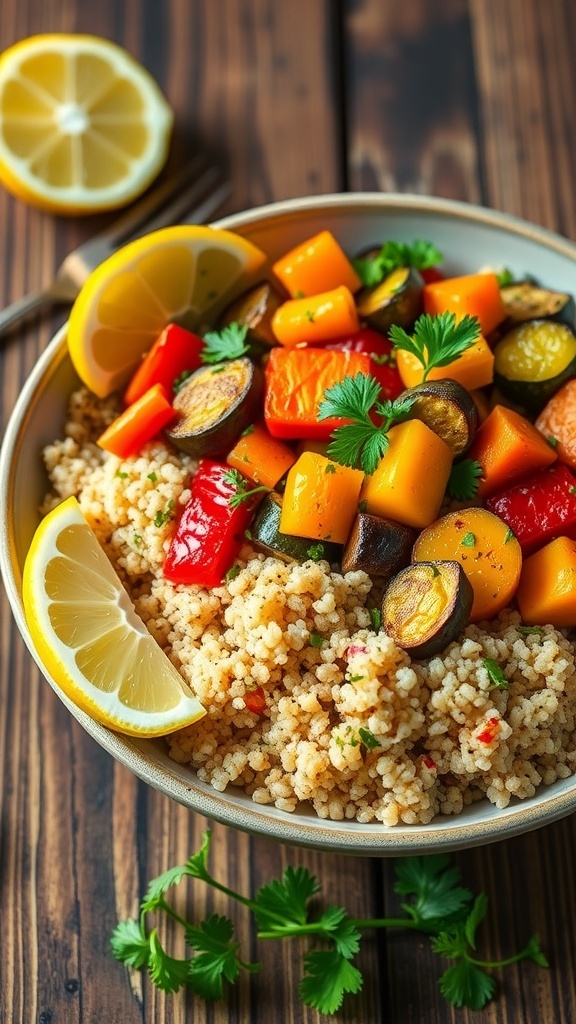 A colorful bowl of quinoa topped with roasted bell peppers, zucchini, and carrots, garnished with parsley and lemon wedges.